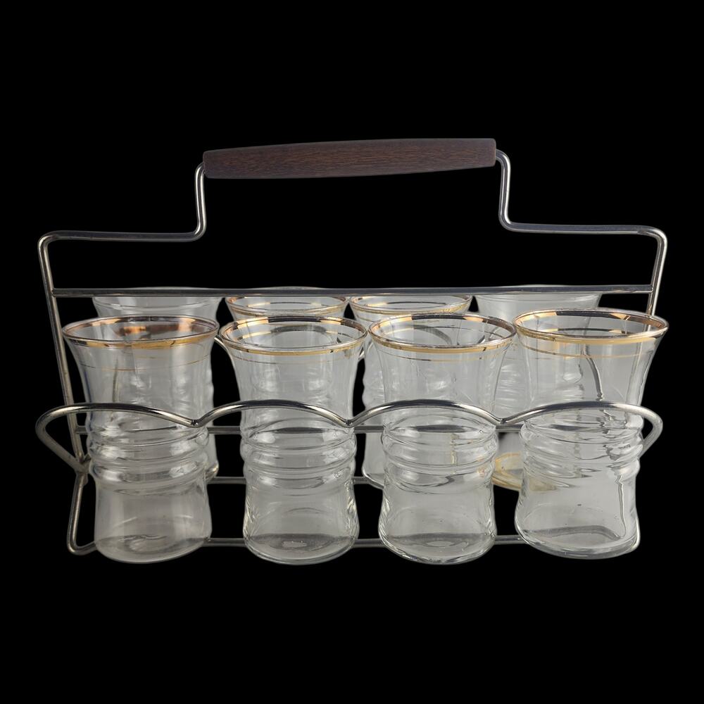 VTG 40s Anchor Hocking Ribbed Grip Glass Tumblers Gold Rimmed w/ Metal Caddy Set